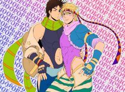 Rule 34 | 2boys, abs, battle tendency, black hair, blonde hair, bloody stream, blue eyes, bracelet, caesar anthonio zeppeli, clothing cutout, cropped jacket, facial mark, feather hair ornament, feathers, fingerless gloves, gamako, gloves, green eyes, hair ornament, headband, highleg, highleg leotard, jacket, jacket off shoulder, jewelry, jojo no kimyou na bouken, joseph joestar, joseph joestar (young), leotard, male focus, multiple boys, muscular, navel, o3o, off shoulder, official alternate costume, one eye closed, pants, ribbon, scarf, side cutout, striped clothes, striped pants, striped scarf, wink