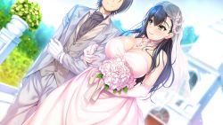 Rule 34 | 1boy, 1girl, anim mother &amp; wife, bare shoulders, black hair, blurry, blurry background, blush, bouquet, breasts, bridal veil, bride, church, cleavage, closed mouth, day, detached collar, dress, elbow gloves, flower, game cg, gloves, green eyes, hair between eyes, hands up, happy, holding, hozumi kaoru, huge breasts, incest, itsu made mo musuko no mama ja irarenai! 6, legs, long hair, looking at another, mature female, mother and son, original, outdoors, pink flower, pink rose, rose, sky, smile, standing, thighs, veil, wedding dress, white gloves