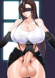 Rule 34 | 1girl, bare shoulders, black skirt, blindfold, breasts, brown hair, bulge, censored, cleavage, covered erect nipples, cowboy shot, earrings, elbow pads, erection, erection under clothes, final fantasy, final fantasy vii, full-package futanari, futanari, gloves, highres, hiiaru, huge breasts, jewelry, large areolae, large penis, large testicles, lips, long hair, midriff, miniskirt, no panties, parted lips, pencil skirt, penis, pubic hair, skirt, smile, solo, suspender skirt, suspenders, tank top, testicles, tifa lockhart, veins, veiny penis