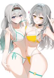 :q absurdres asymmetrical_docking bikini bikini_top_pull black_hairband blush breast_press breasts collarbone cowboy_shot firefly_(honkai:_star_rail) hagyu hairband hand_on_another&#039;s_stomach heart highres honkai:_star_rail honkai_(series) large_breasts long_hair navel purple_eyes side-tie_bikini_bottom simple_background stelle_(honkai:_star_rail) stomach swimsuit thigh_strap tongue tongue_out trailblazer_(honkai:_star_rail) v white_background white_bikini yellow_bikini yellow_eyes