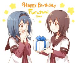 Rule 34 | 2girls, blue hair, blue ribbon, blush, braid, brown hair, brown hairband, brown sailor collar, character name, closed mouth, collarbone, covering own mouth, d:, dot nose, english text, eye contact, eyelashes, flying sweatdrops, funami yui, furutani himawari, gift, hair between eyes, hair intakes, hair ornament, hairband, hands up, happy birthday, holding, holding gift, layered sleeves, long sleeves, looking at another, low twintails, medium hair, multiple girls, namori, nanamori school uniform, open mouth, raised eyebrows, ribbon, romaji text, sailor collar, school uniform, serafuku, short hair, short over long sleeves, short sleeves, surprised, tareme, twin braids, twintails, white background, yuru yuri