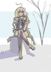 Rule 34 | 1girl, absurdres, blonde hair, boots, brown cape, brown dress, brown footwear, brown gloves, cape, commentary, crossed legs, dated, dress, english commentary, full body, fur-trimmed cape, fur-trimmed gloves, fur trim, gloves, green eyes, head rest, high wizard (ragnarok online), highres, long hair, looking at viewer, messy hair, parted lips, ragnarok online, short dress, sincos art, sitting, smile, solo