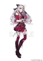 Rule 34 | 1girl, ahoge, black bow, black footwear, black gloves, black necktie, boots, bow, cross-laced footwear, fingerless gloves, fishnet pantyhose, fishnets, full body, gloves, grey eyes, grey hair, hair bow, hand up, heterochromia, ishigami nozomi, long hair, looking at viewer, necktie, nijisanji, off-shoulder shirt, off shoulder, pantyhose, pokimari, red eyes, red shirt, red thighhighs, sample watermark, shirt, simple background, smile, solo, standing, thighhighs, torn clothes, torn thighhighs, virtual youtuber, watermark, white background