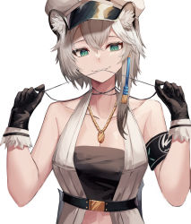 Rule 34 | 1girl, absurdres, animal ear fluff, arknights, armband, bare shoulders, black gloves, cabbie hat, cliffheart (arknights), collarbone, commentary, gloves, green eyes, grin, hair between eyes, hands up, hat, highres, jacket, jewelry, looking at viewer, mea (hwaksal), mouth hold, pendant, short hair, simple background, sleeveless, sleeveless jacket, smile, solo, strapless, teeth hold, tube top, upper body, white background, white hair, white hat, white jacket