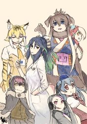 Rule 34 | 6+girls, animal ears, arms at sides, bird wings, black eyes, black hair, blonde hair, blue eyes, blue hair, bow, bowtie, breast pocket, capelet, closed mouth, collared shirt, corset, cup, dodo (kemono friends), elbow gloves, empty eyes, fur collar, furrowed brow, gastornis (kemono friends), giant penguin (kemono friends), gloves, green hair, grin, hair between eyes, hair ornament, hand in pocket, hand up, hat, head wings, headband, headphones, height difference, holding, holding cup, kako (kemono friends), kemono friends, kishida shiki, lab coat, leaning back, long hair, looking at viewer, mammoth (kemono friends), multicolored hair, multiple girls, necktie, open mouth, parted bangs, parted lips, passenger pigeon (kemono friends), pink hair, pleated skirt, pocket, purple hair, red eyes, red hair, shirt, short hair with long locks, short sleeves, simple background, skirt, smile, smilodon (kemono friends), sweater, tall female, trait connection, vest, white hair, wing collar, wings, yellow background, yellow eyes
