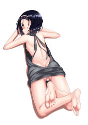 Rule 34 | 1girl, ass, backless outfit, bare back, bare shoulders, barefoot, blush, breasts, butt crack, closed mouth, commentary request, drawstring, dress, feet, full body, grey sweater, hairband, halterneck, highres, legs up, looking at viewer, looking back, lying, meme attire, no bra, on stomach, original, panties, pantyshot, pink panties, ribbed sweater, shadow, short hair, sideboob, simple background, small breasts, smile, soles, solo, sweater, sweater dress, the pose, toes, turtleneck, turtleneck sweater, underwear, valentine, virgin killer sweater, white background, zaregoto tsukai no deshi