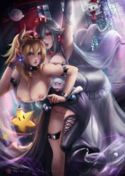 Rule 34 | 2girls, armband, artist name, ass, axsen, bell, blonde hair, blue eyes, bowsette, collar, collar bell, crown, dress, earrings, elbow gloves, genderswap, genderswap (mtf), gloves, highres, horns, jewelry, long hair, looking at viewer, mario (series), multiple girls, nintendo, nipples, pointy ears, princess king boo, pussy, red eyes, stained glass, uncensored, white hair, window, yuri