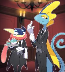 Rule 34 | 2boys, absurdres, adjusting clothes, adjusting gloves, black coat, black necktie, black pants, blue skin, blurry, blurry background, bright pupils, butler, candle, chandelier, chromatic aberration, closed eyes, closed mouth, clothed pokemon, coat, collared shirt, colored skin, creatures (company), cup, fins, formal, frog boy, furry, furry male, game freak, gen 6 pokemon, gen 8 pokemon, gloves, greninja, grey vest, half-closed eyes, hands up, happy, head fins, highres, holding, holding tray, indoors, inteleon, lizard tail, long tongue, looking to the side, male focus, multicolored skin, multiple boys, napkin, necktie, nintendo, open clothes, open coat, outline, own hands together, pants, pokemon, pokemon (creature), polteageist, puffy pants, reptile boy, shirt, sinistea, smile, standing, subaru331, tail, tailcoat, teacup, teapot, tongue, tongue out, tray, two-tone skin, vest, white gloves, white outline, white pupils, white shirt, yellow eyes, yellow skin