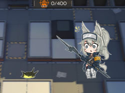 Rule 34 | 1girl, animal ears, arknights, armband, armored boots, blue eyes, blue jacket, blue pants, boots, brown shirt, chibi, commentary, creature, dork ( dorku), english commentary, game screenshot background, gameplay mechanics, grani (arknights), grey hair, grey legwear, hair between eyes, hip vent, holding, holding polearm, holding spear, holding weapon, horse ears, horse girl, horse tail, jacket, long hair, notice lines, open clothes, open jacket, originium slug (arknights), pants, pigeon-toed, polearm, ponytail, shirt, spear, sweat, tail, triangle mouth, visor, visor lift, weapon, wide-eyed