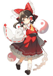 Rule 34 | 1girl, absurdres, ascot, bare shoulders, black footwear, blush, bow, brown eyes, brown hair, closed mouth, detached sleeves, frilled skirt, frills, gohei, hair bow, hair tubes, hakurei reimu, highres, holding, japanese clothes, jill 07km, long hair, nontraditional miko, orb, red bow, red skirt, ribbon-trimmed sleeves, ribbon trim, shoes, sidelocks, simple background, skirt, socks, solo, touhou, white background, white sleeves, white socks, wide sleeves, yellow ascot, yin yang, yin yang orb