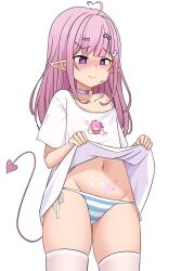 Rule 34 | 1girl, ahoge, bandaid, bandaid on face, bare shoulders, bikini, blush, choker, demon girl, demon tail, elf, female focus, flat chest, highres, hormkrun, indie virtual youtuber, lifted by self, long hair, mochi (vtuber), navel, panties, petite, pink choker, pink eyes, pink hair, pointy ears, pubic tattoo, second-party source, shirt, side-tie bikini bottom, solo, stomach, striped bikini, striped clothes, striped panties, swimsuit, tail, tattoo, thighhighs, thighs, underwear, virtual youtuber, white background