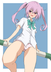 Rule 34 | 1girl, blouse, blue background, blush, bow, bow panties, collared shirt, from below, highres, legs, long hair, looking down, mosui (kori can), nana asta deviluke, no pants, open mouth, panties, pink eyes, pink hair, pink panties, school uniform, shirt, short sleeves, simple background, solo, thighs, to love-ru, to love-ru darkness, twintails, underwear, white shirt