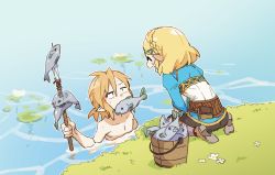 Rule 34 | 1boy, 1girl, blonde hair, braid, bucket, closed eyes, fish, flower, french braid, grass, hair ornament, hairclip, highres, koi (nisikicoi), lily pad, link, mouth hold, nintendo, open mouth, partially submerged, pointy ears, polearm, princess zelda, shoes, sitting, spear, the legend of zelda, the legend of zelda: breath of the wild, the legend of zelda: tears of the kingdom, wariza, water, weapon, wet
