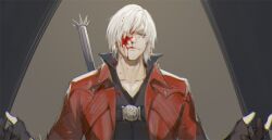 Rule 34 | 1boy, blood, blood on face, blue eyes, coat, cumcmn, dante (devil may cry), devil may cry, devil may cry (series), devil may cry 4, fingerless gloves, gloves, hair over one eye, highres, looking at viewer, male focus, red coat, simple background, smile, solo, white hair
