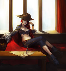 Rule 34 | 1girl, bicorne, breasts, cape, cleavage, detached sleeves, earrings, hat, highres, jewelry, knife, league of legends, crossed legs, lipstick, long hair, makeup, map, medium breasts, midriff, navel, noa ikeda, realistic, red hair, miss fortune (league of legends), sitting, solo, wavy hair, wristband, yellow eyes