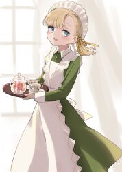 Rule 34 | 1girl, alternate costume, apron, blonde hair, blue eyes, blush, cup, dress, enmaided, green dress, holding, holding tray, kantai collection, long sleeves, maid, maid apron, maid headdress, one-hour drawing challenge, open mouth, shin&#039;you (kancolle), short hair, side ponytail, solo, tray, white apron, yamashichi (mtseven)