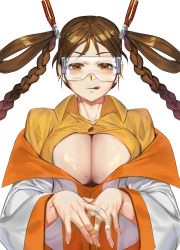 Rule 34 | 1girl, :3, :p, absurdres, bad id, bad pixiv id, blush, braid, breasts, cleavage, doctor (last origin), hair pliers, hair rings, highres, lab coat, large breasts, last origin, looking at viewer, open clothes, open shirt, pliers, shirt, simple background, solo, tongue, tongue out, twin braids, uronte, white background, yellow eyes