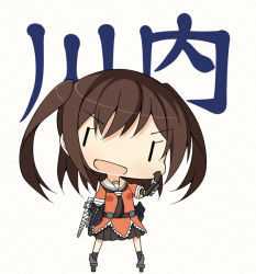 Rule 34 | 10s, 1girl, :&lt;, :d, amakara surume, brown hair, character name, chibi, kantai collection, kneehighs, open mouth, personification, pleated skirt, school uniform, sendai (kancolle), serafuku, skirt, smile, socks, solo, twintails, two side up, white background, | |