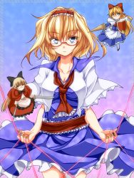 Rule 34 | 1girl, alice margatroid, ascot, bespectacled, blonde hair, blue eyes, bow, breasts, capelet, cleavage, colored eyelashes, doll, dual wielding, eyelashes, female focus, glasses, hair bow, hairband, highres, holding, hourai doll, jewelry, kamo (yokaze), lance, long hair, matching shanghai, medium breasts, polearm, red eyes, ring, sash, shanghai doll, shield, short hair, solo, string, sword, touhou, weapon