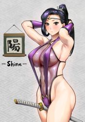 Rule 34 | ass, breasts, english text, fishnets, highres, ichiren takushou, large breasts, navel, ponytail, purple hair, slingshot swimsuit, solo, swimsuit, sword, thighs, weapon