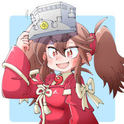 Rule 34 | 1girl, blush, brown eyes, brown hair, fang, hair between eyes, hat, holding, holding clothes, holding hat, japanese clothes, kantai collection, kariginu, long hair, long sleeves, magatama, open mouth, ryuujou (kancolle), shin (shin k009), simple background, solo, tassel, twintails, two-tone background, upper body, visor cap, wide sleeves