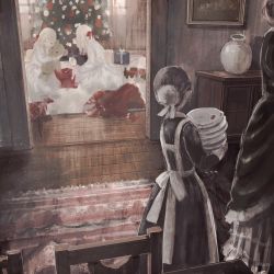 Rule 34 | 4girls, apron, black hair, blonde hair, box, bun cover, cabinet, chair, child, christmas, christmas tree, closed eyes, contrast, doll, doorway, dress, facing away, gift, gift box, hair bun, hair ribbon, highres, holding, hugging object, indoors, kotoshino, light particles, long hair, long sleeves, maid, multiple girls, original, picture frame, plate, plate stack, ribbon, rug, single hair bun, sitting, smile, solo focus, stuffed animal, stuffed toy, teddy bear, toy, vase, walking, white apron, white dress, wooden floor, working