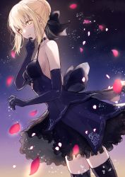 Rule 34 | 1girl, artoria pendragon (all), artoria pendragon (fate), bare shoulders, black dress, black gloves, black ribbon, black thighhighs, blonde hair, blush, braid, breasts, choker, dress, elbow gloves, fate/stay night, fate (series), french braid, gloves, gradient background, hair between eyes, hair ribbon, highres, long hair, looking at viewer, medium breasts, meltymaple, pale skin, parted lips, petals, ribbon, saber alter, sidelocks, thighhighs, thighs, yellow eyes