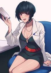 Rule 34 | 1girl, absurdres, belt, black choker, black dress, black hair, blueriest, bob cut, book, breasts, brown eyes, chair, choker, cleavage, collarbone, commentary, desk, doctor, dress, elbow rest, english commentary, highres, holding, holding book, jewelry, lab coat, looking at viewer, medium breasts, necklace, open mouth, pendant, persona, persona 5, red belt, red nails, short dress, short hair, sitting, solo, studded choker, takemi tae, taut clothes, taut dress, thighs, v-shaped eyebrows