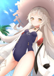 Rule 34 | 1girl, azur lane, bare shoulders, blue one-piece swimsuit, blush, breasts, cameltoe, commentary request, covered navel, cowboy shot, cross, day, from below, gloves, gluteal fold, halterneck, hat, highres, iron cross, jacket, long hair, looking at viewer, mole, mole under eye, navel, one-piece swimsuit, open clothes, open jacket, palm tree, shiruko (27anko), silver hair, sky, small breasts, solo, standing, straw hat, sun hat, swimsuit, thighs, tree, very long hair, white gloves, white jacket, yellow eyes, z46 (azur lane), z46 (her first summer) (azur lane)