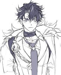 Rule 34 | 1boy, bandaged neck, bandages, chain, ear piercing, genshin impact, greyscale, hair between eyes, highres, jacket, male focus, monochrome, multicolored hair, necktie, piercing, razor is cute, scar, scar on face, scar on neck, simple background, sketch, solo, toned, toned male, upper body, wriothesley (genshin impact)