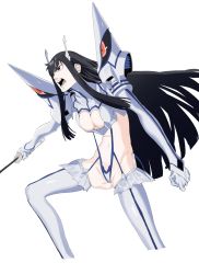 Rule 34 | 1girl, black eyes, black hair, breasts, cleavage, clenched hand, fake horns, gloves, grey background, highres, holding, holding sword, holding weapon, horns, junketsu, kill la kill, kiryuuin satsuki, kona ming, long hair, navel, open mouth, simple background, solo, sword, teeth, thighhighs, weapon, white gloves