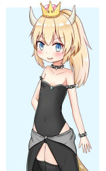 Rule 34 | 1girl, aged down, armlet, bare shoulders, black leotard, black thighhighs, blonde hair, blue background, blue eyes, blush, bowsette, bracelet, breasts, collar, collarbone, commentary request, covered navel, cowboy shot, crown, fang, hair between eyes, highres, horns, jewelry, jiu (sdesd3205), leotard, long hair, looking at viewer, mario (series), mini crown, new super mario bros. u deluxe, nintendo, parted lips, ponytail, sidelocks, small breasts, smile, solo, spiked armlet, spiked bracelet, spiked collar, spikes, standing, strapless, strapless leotard, super crown, thighhighs, two-tone background, white background
