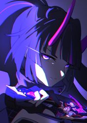 Rule 34 | 1girl, absurdres, black gloves, blunt bangs, chinese commentary, chromatic aberration, close-up, closed mouth, commentary request, eye trail, feng yi xiao, fingerless gloves, gloves, glowing, glowing eyes, high ponytail, highres, holding, holding sword, holding weapon, honkai (series), honkai impact 3rd, horns, light trail, long horns, looking at viewer, multicolored hair, official alternate costume, portrait, purple eyes, purple hair, purple horns, purple pupils, raiden mei, raiden mei (haunted dusk) (honkai impact), raiden mei (herrscher of thunder), shade, solo, streaked hair, sword, weapon