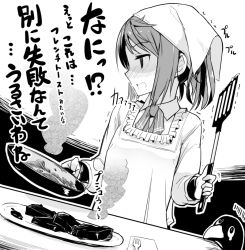 Rule 34 | 10s, 1girl, alternate hairstyle, apron, arm warmers, blush, commentary request, cooking, failure penguin, fork, frills, frying pan, greyscale, head scarf, holding, kantai collection, kappougi, long sleeves, looking away, michishio (kancolle), monochrome, open mouth, smoke, solo, spatula, stuffed toy, tenugui, translation request, trembling, yopan danshaku