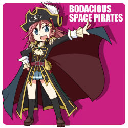 Rule 34 | 1girl, :d, belt, blue eyes, cape, copyright name, ascot, epaulettes, hair ornament, hairclip, hat, hat feather, katou marika, loafers, long hair, miniskirt pirates, netachou, open mouth, pink hair, pirate, pirate hat, rapier, shoes, skirt, skull and crossbones, smile, solo, sword, weapon