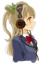 Rule 34 | 10s, 1girl, 2014, blazer, bow, brown hair, cropped torso, dated, from side, grado labs, hair bow, headphones, highres, jacket, long hair, love live!, love live! school idol project, minami kotori, mota, profile, school uniform, simple background, solo, upper body, white background, yellow eyes