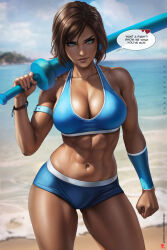 1girl abs arm_strap artist_name avatar_legends bare_shoulders bikini blue_bikini blue_eyes blurry blurry_background breasts brown_hair cleavage clenched_hand collarbone dandon_fuga dark-skinned_female dark_skin english_text highres holding korra navel o-ring_arm_strap ocean patreon_username short_hair single_hair_tube solo speech_bubble swimsuit the_legend_of_korra