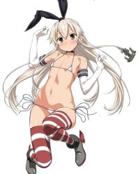 Rule 34 | 10s, 1girl, ankle boots, armpits, bare shoulders, bikini, black ribbon, blonde hair, boots, brown eyes, choker, collarbone, comic, elbow gloves, flat chest, gloves, grey footwear, hairband, head tilt, horizontal-striped legwear, jumping, kantai collection, loliconder, long hair, looking at viewer, micro bikini, navel, ribbon, shimakaze (kancolle), side-tie bikini bottom, simple background, solo, stomach, striped clothes, striped thighhighs, swimsuit, tareme, thighhighs, very long hair, white background, white bikini, white gloves