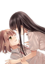 Rule 34 | 2girls, absurdres, black hair, blush, brown hair, closed eyes, couple, eye contact, from side, fukahire (ruinon), girl on top, highres, long hair, looking at another, multiple girls, one eye closed, open mouth, original, ribbon, scan, school uniform, short hair, simple background, smile, wink, yellow eyes, yuri