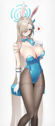 Rule 34 | 1girl, absurdly long hair, absurdres, animal ears, arm support, asuna (blue archive), asuna (bunny) (blue archive), bare shoulders, black pantyhose, blue archive, blue bow, blue bowtie, blue eyes, blue leotard, blue ribbon, bow, bowtie, breasts, card, cleavage, collar, commentary request, detached collar, elbow gloves, fake animal ears, fake tail, feet out of frame, gloves, grin, hair over one eye, hair ribbon, halo, hand on own chest, hand up, heart, highres, holding, holding card, large breasts, leotard, light brown hair, long hair, looking at viewer, mole, mole on breast, official alternate costume, one eye covered, pantyhose, playboy bunny, rabbit ears, rabbit tail, renge (730), ribbon, simple background, smile, solo, speech bubble, spoken heart, standing, stool, strapless, strapless leotard, tail, thighband pantyhose, thighs, very long hair, white background, white collar, white gloves