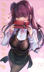 Rule 34 | 1girl, apron, armor, bandaged fingers, bandages, black armor, blush, box, breasts, brown pantyhose, collared shirt, commentary request, covered mouth, dated, dress shirt, frilled apron, frills, gift, gift box, girls&#039; frontline, hair ribbon, hands up, heart, heart background, himonoata, holding, holding gift, long hair, looking at viewer, medium breasts, nose blush, one side up, pantyhose, purple hair, red eyes, red ribbon, ribbon, shirt, solo, valentine, very long hair, wa2000 (girls&#039; frontline), white shirt