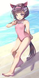 Rule 34 | 1girl, absurdres, animal ears, barefoot, black hair, blunt bangs, bob cut, commentary request, competition school swimsuit, ear covers, full body, hair ornament, hairband, highres, horse ears, horse girl, horse tail, index finger raised, nishino flower (umamusume), one-piece swimsuit, pink hairband, pink one-piece swimsuit, purple eyes, school swimsuit, short hair, single ear cover, solo, swimsuit, tail, umamusume, water, x hair ornament, yashin (yasinz)