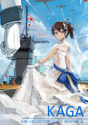Rule 34 | 10s, 1boy, 1girl, a6m zero, admiral (kancolle), aircraft carrier, alternate costume, back, bare shoulders, blue sky, breasts, bride, brown eyes, brown hair, character name, cloud, colored smoke, day, dress, flag, flight deck, flower, from behind, gloves, gown, hair flower, hair ornament, historical name connection, imperial japanese navy, jewelry, kaga (aircraft carrier), kaga (kancolle), kantai collection, light smile, looking at another, looking back, medium breasts, military, military uniform, military vehicle, name connection, naval uniform, necklace, object namesake, out of frame, outdoors, pennant, rising sun flag, sash, ship, short hair, side ponytail, skirt hold, sky, sleeveless, sleeveless dress, smoke, solo focus, spark (sandro), string of flags, sunburst, uniform, veil, warship, watercraft, wedding dress, white dress, white gloves