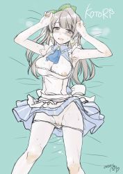 Rule 34 | 1girl, alpha (yukai na nakamatachi), armpits, ascot, blue ascot, blush, bow, breasts, brown eyes, brown hair, character name, clothes lift, commentary request, dated, dress, dress lift, earrings, green background, green bow, hair bow, heart, heart earrings, highres, jewelry, jpeg artifacts, korekara no someday, love live!, love live! school idol project, lying, medium breasts, minami kotori, muted color, nipple slip, nipples, on back, panties, panty pull, pussy, pussy peek, solo, sweat, underwear