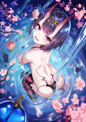 Rule 34 | 1girl, absurdres, ass, bare back, bare shoulders, barefoot sandals (jewelry), blush, bob cut, butt crack, dimples of venus, eyeliner, fate/grand order, fate (series), feet, flower, food, fruit, gourd, grapes, headpiece, highres, horns, looking at viewer, looking back, makeup, oni, peach, petals, purple eyes, purple hair, purple thighhighs, revealing clothes, shanguier, short eyebrows, short hair, shuten douji (fate), sitting, skin-covered horns, smile, solo, thighhighs, thighs, wariza, water, wet