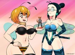 Rule 34 | 3girls, animal ears, antennae, arthropod girl, bee girl, bee wings, belt, black belt, black bra, black footwear, black hair, black legwear, black panties, black shirt, blonde hair, blue eyes, blue gloves, blue jacket, blue legwear, blue leotard, blush, boots, bra, breasts, brown eyes, brown hair, brown panties, cleavage, clothing cutout, collar, collarbone, crossed arms, dakunart, dragonfly girl, dragonfly tail, dragonfly wings, fox ears, fox girl, fox tail, fur collar, fur trim, glasses, gloves, green eyes, hair bun, hand on own hip, holding person, holster, insect girl, insect wings, jacket, large breasts, leotard, long hair, long sleeves, looking at viewer, medium breasts, mely, mini person, minigirl, multiple girls, navel, navel cutout, open mouth, panties, pink background, pointy ears, ponytail, puffy sleeves, shirt, short hair, short sleeves, single hair bun, smile, standing, stinger, striped clothes, striped gloves, striped legwear, striped panties, tail, teeth, thigh boots, thighhighs, underwear, wings, wristband, yellow panties