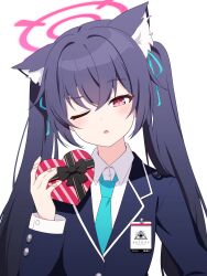 Rule 34 | 1girl, ;o, absurdres, animal ears, aqua necktie, aqua ribbon, bandaid, bandaid on hand, black hair, blazer, blue archive, box, cat ears, collared shirt, commentary request, gift, gift box, halo, heart-shaped box, highres, jacket, korean commentary, long hair, long sleeves, necktie, one eye closed, pn (wnsl216), red eyes, red halo, ribbon, school uniform, serika (blue archive), shirt, simple background, solo, twintails, upper body, white background, white shirt