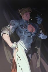 Rule 34 | 1boy, bara, blonde hair, cigarette, dress, ear piercing, floral print, gloves, highres, kray foresight, large pectorals, male focus, muscular, muscular male, pectoral cleavage, pectoral press, pectorals, piercing, promare, smoke, smoking, tight clothes, white-corner
