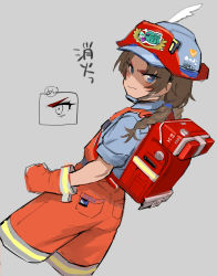 Rule 34 | 1girl, atte nanakusa, backpack, bag, blue eyes, blue shirt, braid, brown hair, child, clenched hands, closed mouth, defender (atte nanakusa), dutch angle, from behind, frown, glaring, gloves, grey background, hard hat, helmet, highres, looking at viewer, looking back, orange gloves, orange overalls, original, overall shorts, overalls, scowl, shirt, short sleeves, simple background, solo, twin braids
