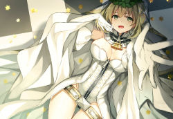Rule 34 | 10s, 1girl, akami fumio, bad id, bad pixiv id, belt, blonde hair, breasts, bridal veil, chain, checkered floor, cleavage, detached collar, detached sleeves, fate/extra, fate/extra ccc, fate/grand order, fate (series), gloves, green eyes, head wreath, large breasts, leotard, lock, long sleeves, looking at viewer, loose belt, lying, nero claudius (bride) (fate), nero claudius (bride) (third ascension) (fate), nero claudius (fate), nero claudius (fate) (all), on back, open mouth, padlock, puffy detached sleeves, puffy sleeves, smile, solo, star (symbol), strapless, strapless leotard, thighs, veil, white gloves, white leotard, wide hips, zipper